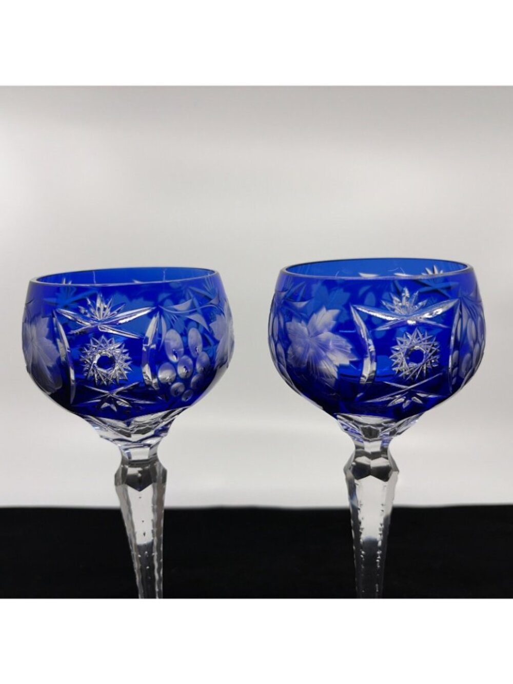 Vintage Ajka Marsala Cobalt Blue Tall Hock Wine Glasses Cut to Clear Pair 8" - Picture 5 of 8